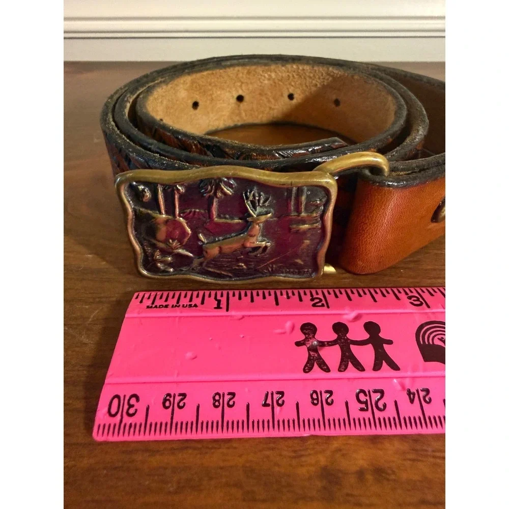 Vintage 1983 BTS Solid Brass Deer Buckle Basketweave Brown Leather Belt USA Made